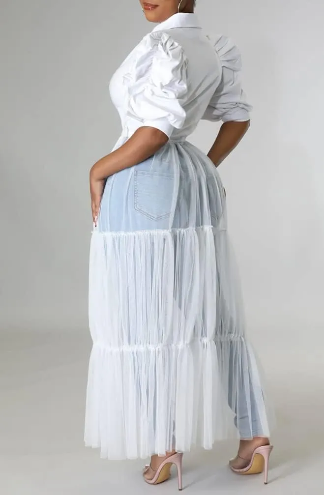 Choichic Women' Button Down Shirts High Waist Short Sleeve Sheer Mesh Patchwork Maxi Dress Long Shirts Tunics with Belt