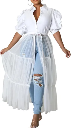 Choichic Women' Button Down Shirts High Waist Short Sleeve Sheer Mesh Patchwork Maxi Dress Long Shirts Tunics with Belt