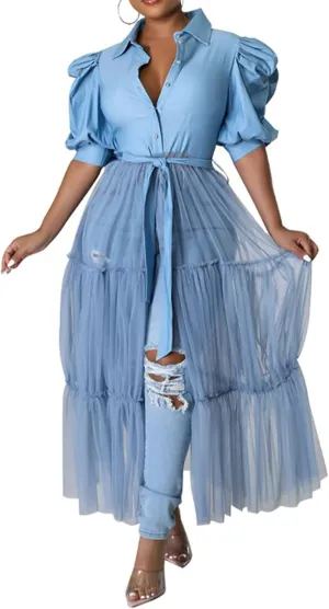 Choichic Women' Button Down Shirts High Waist Short Sleeve Sheer Mesh Patchwork Maxi Dress Long Shirts Tunics with Belt