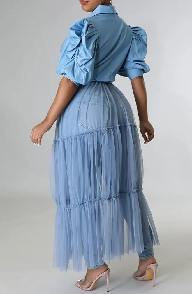 Choichic Women' Button Down Shirts High Waist Short Sleeve Sheer Mesh Patchwork Maxi Dress Long Shirts Tunics with Belt