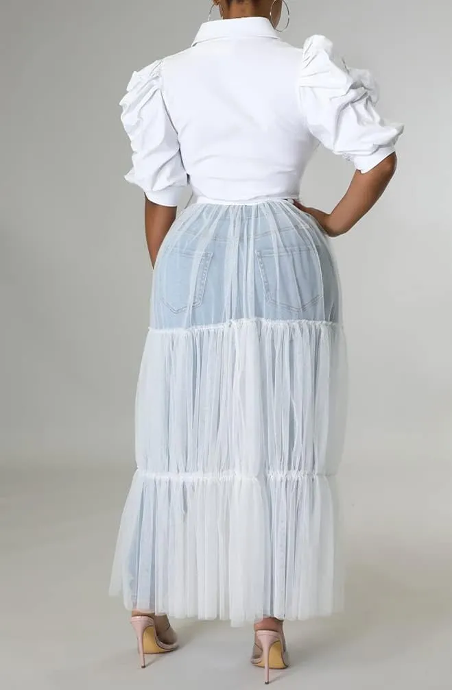 Choichic Women' Button Down Shirts High Waist Short Sleeve Sheer Mesh Patchwork Maxi Dress Long Shirts Tunics with Belt