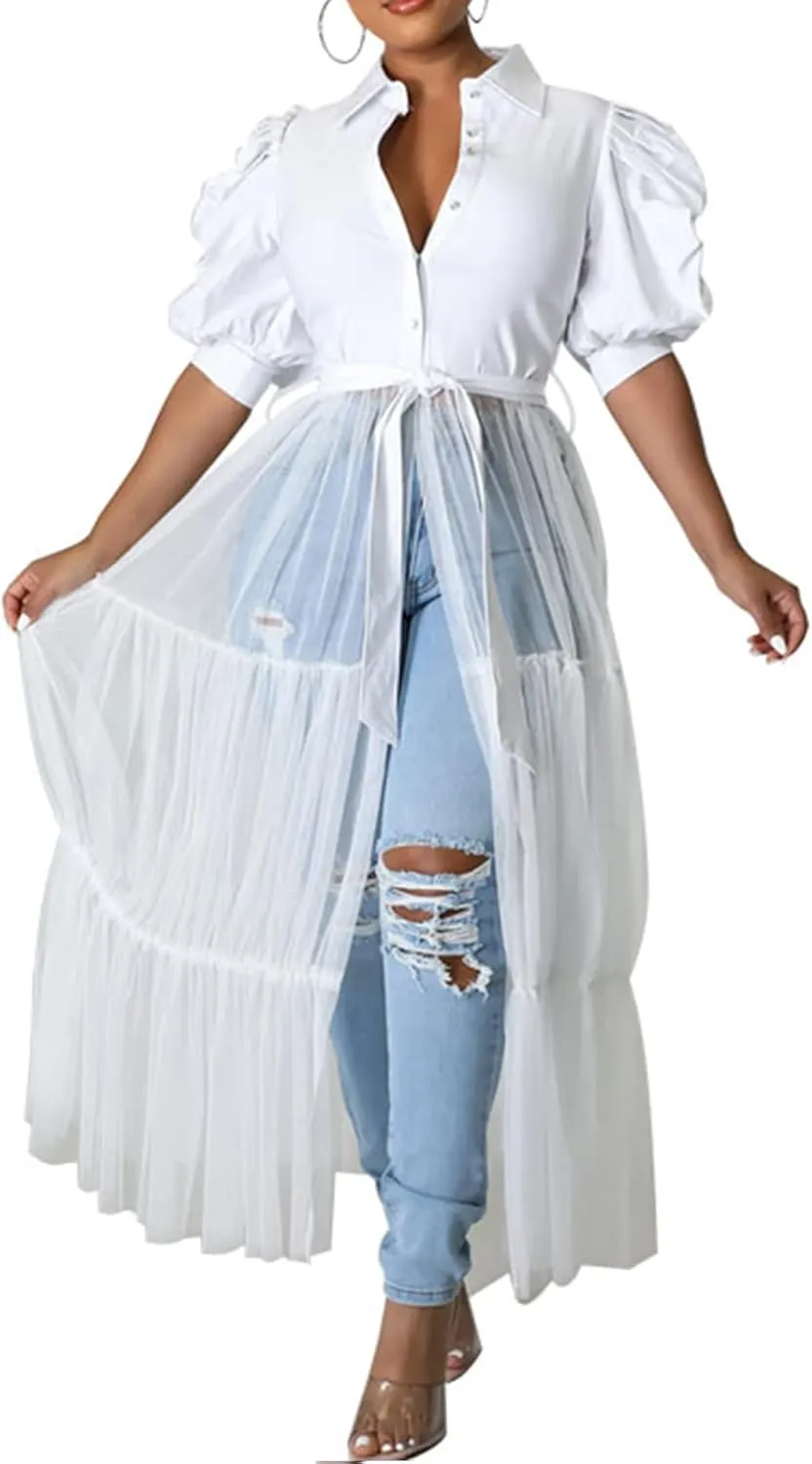 Choichic Women' Button Down Shirts High Waist Short Sleeve Sheer Mesh Patchwork Maxi Dress Long Shirts Tunics with Belt