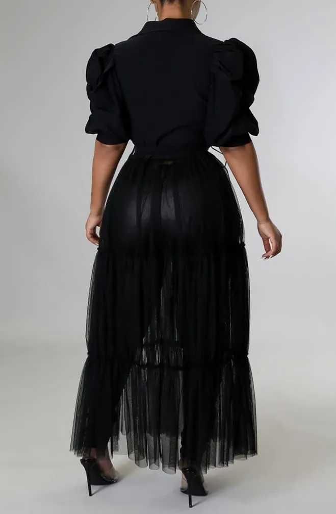 Choichic Women' Button Down Shirts High Waist Short Sleeve Sheer Mesh Patchwork Maxi Dress Long Shirts Tunics with Belt