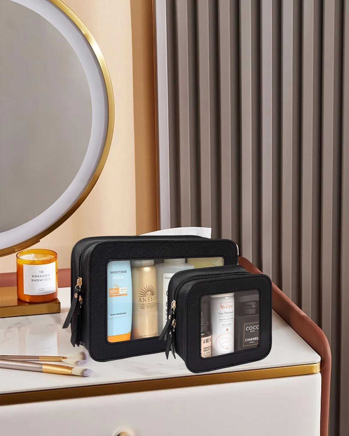 Clear Makeup Bag Set for Women, Travel Black Makeup Pouch Waterproof Cosmetic Bags with Zipper Clear Toiletry Bag for Traveling Small Make up Pouch for Purse Mini Cosmetic Case Car Organizer (Black)