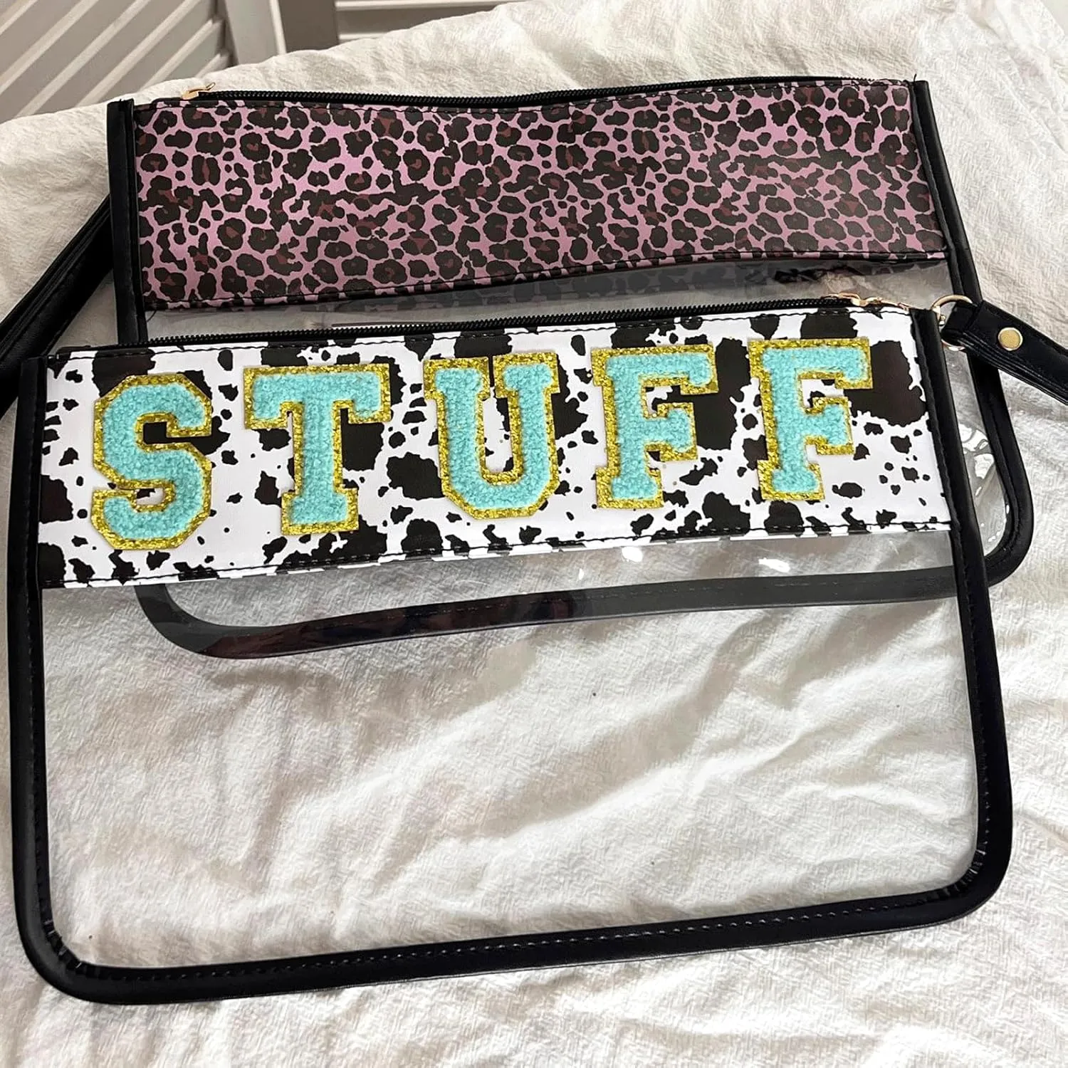 Clear Makeup Letter Patch Bag Travel Toiletry Bag Clear Cosmetic Bags Stuff Snacks Pouch for Gym Stadium Beach (Cow,Snack)
