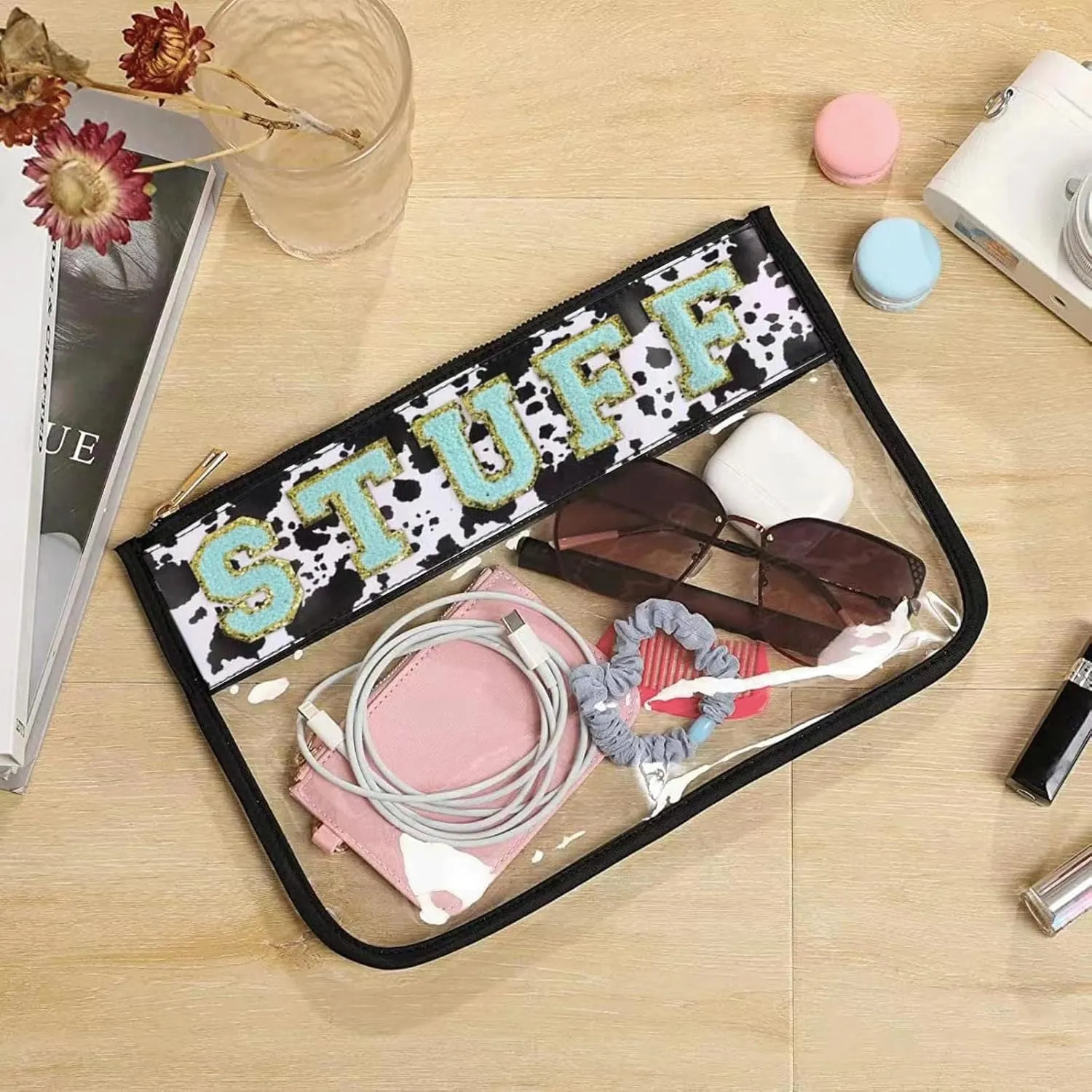 Clear Makeup Letter Patch Bag Travel Toiletry Bag Clear Cosmetic Bags Stuff Snacks Pouch for Gym Stadium Beach (Cow,Snack)