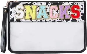 Clear Makeup Letter Patch Bag Travel Toiletry Bag Clear Cosmetic Bags Stuff Snacks Pouch for Gym Stadium Beach (Cow,Snack)