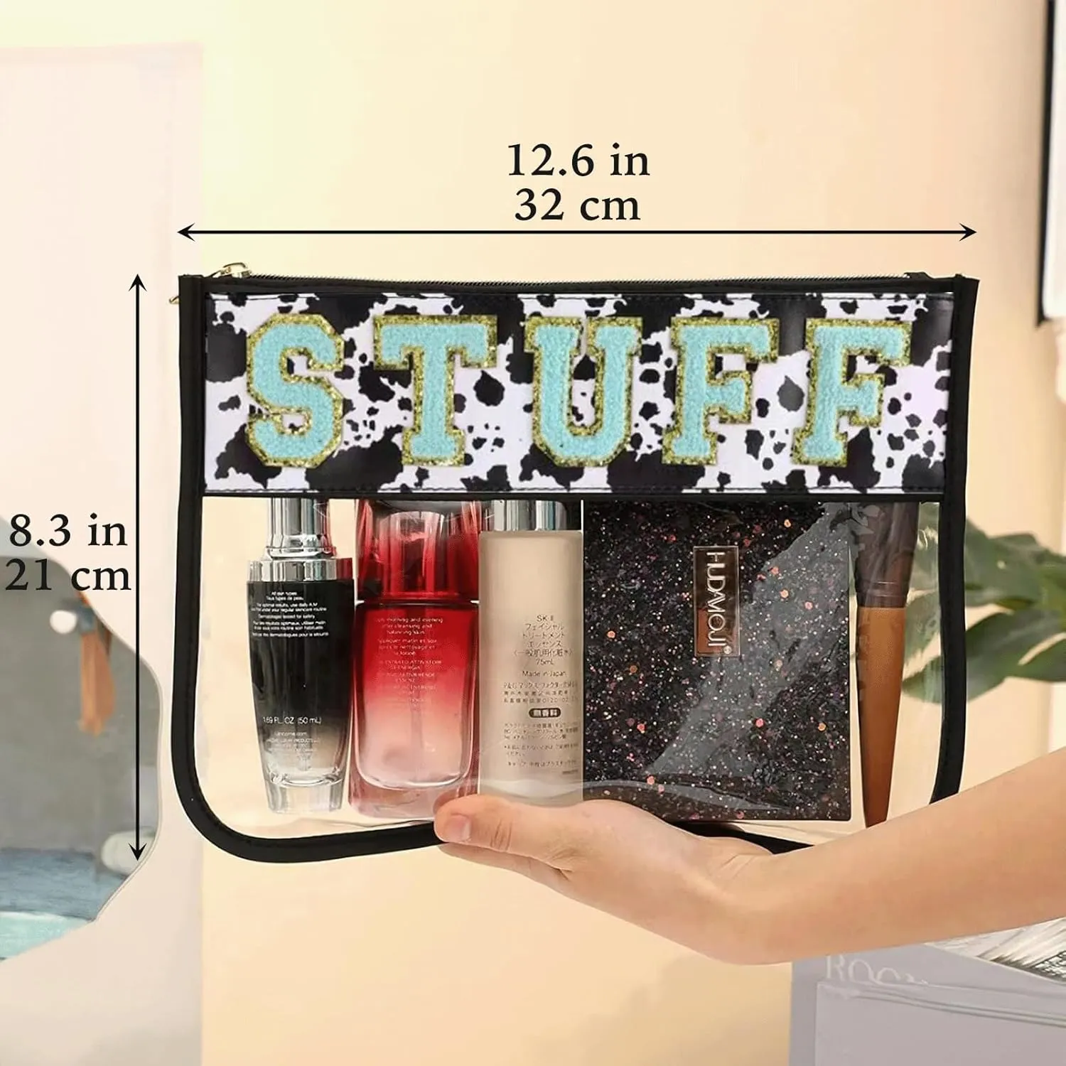 Clear Makeup Letter Patch Bag Travel Toiletry Bag Clear Cosmetic Bags Stuff Snacks Pouch for Gym Stadium Beach (Cow,Snack)