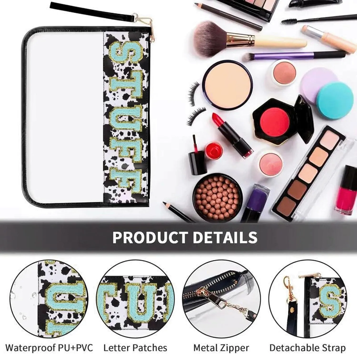 Clear Makeup Letter Patch Bag Travel Toiletry Bag Clear Cosmetic Bags Stuff Snacks Pouch for Gym Stadium Beach (Cow,Snack)