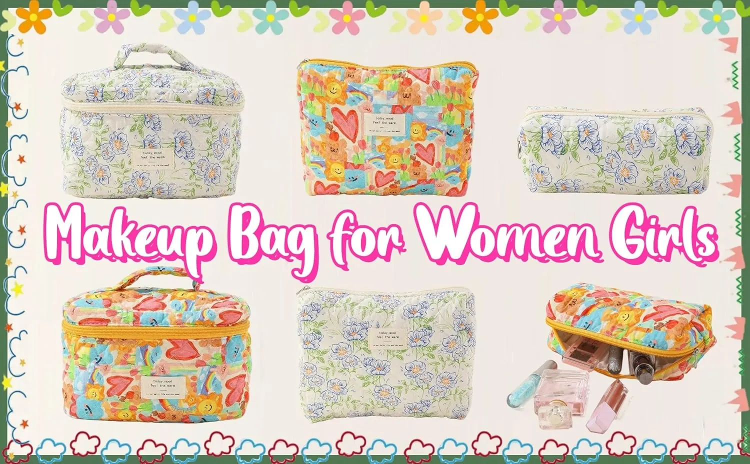 Cotton Quilted Travel Makeup Bag Women Girls Floral Graphic Coquette Large Cosmetic Toiletry Bags Cute Aesthetic Case Organizer Kits (Large03#Heart)