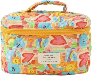 Cotton Quilted Travel Makeup Bag Women Girls Floral Graphic Coquette Large Cosmetic Toiletry Bags Cute Aesthetic Case Organizer Kits (Large03#Heart)