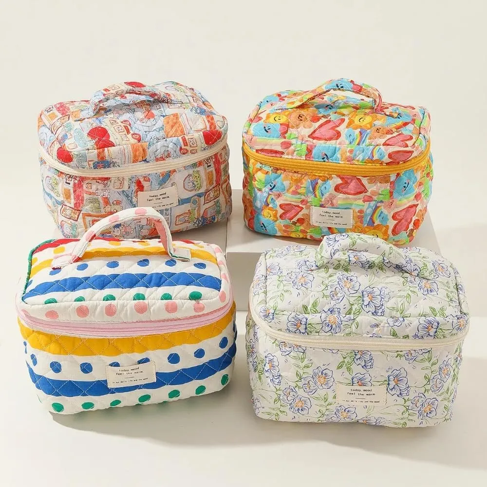 Cotton Quilted Travel Makeup Bag Women Girls Floral Graphic Coquette Large Cosmetic Toiletry Bags Cute Aesthetic Case Organizer Kits (Large03#Heart)