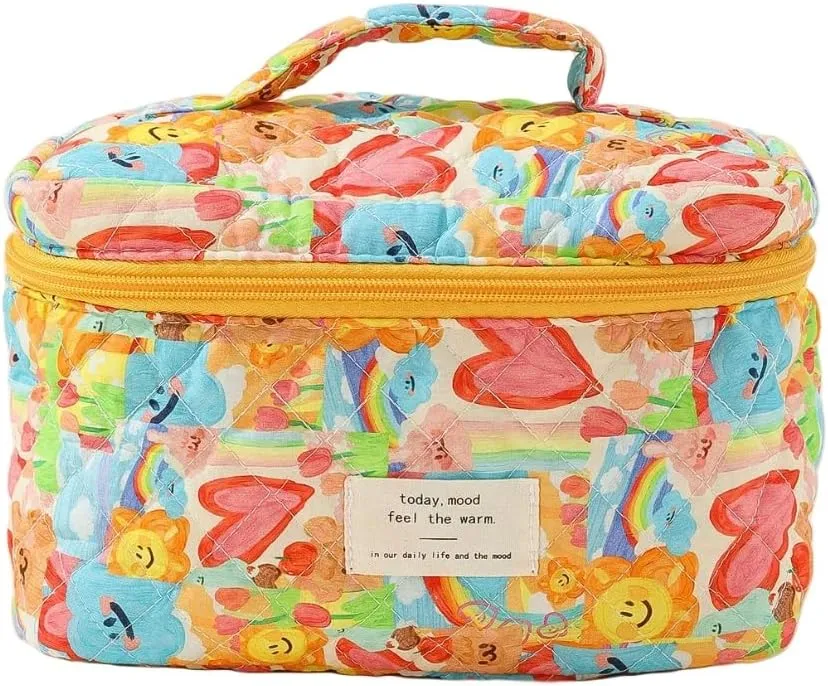 Cotton Quilted Travel Makeup Bag Women Girls Floral Graphic Coquette Large Cosmetic Toiletry Bags Cute Aesthetic Case Organizer Kits (Large03#Heart)