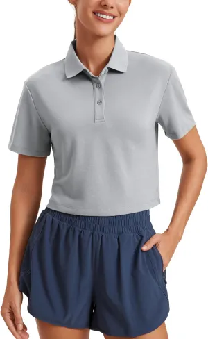 CRZ YOGA Golf Crop Polo Shirts for Women 3 Button Collared Quick Dry Tennis T-Shirt Short Sleeve Workout Athletic Tops