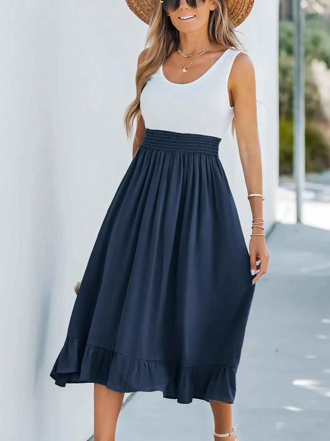 CUPSHE Women's Summer Midi Dresses Sleeveless Tank Smocked Beach Vacation Hawaiian 2025 Flowy Sundress