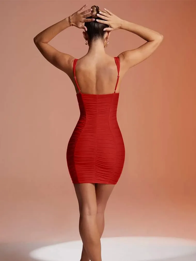 DAAWENXI Women Ruched Sexy Sleeveless Deep V Neck Lace Up Bodycon Mini Party Dress