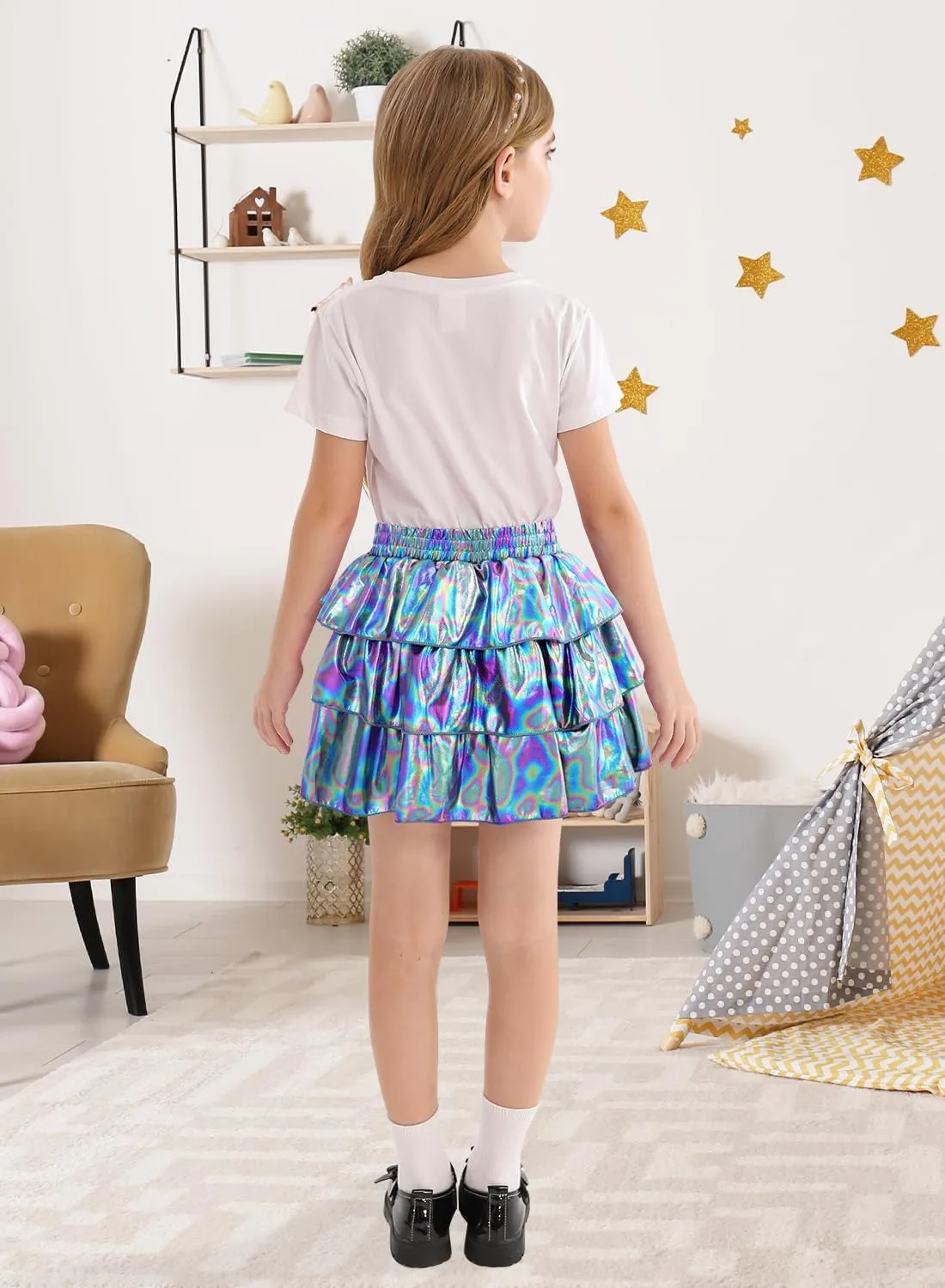 DAXIANG Girls Metallic Skirt with Shorts 3-Layer Pleated Ruffle Skirt for Girls Christmas Dance 4-13 Years