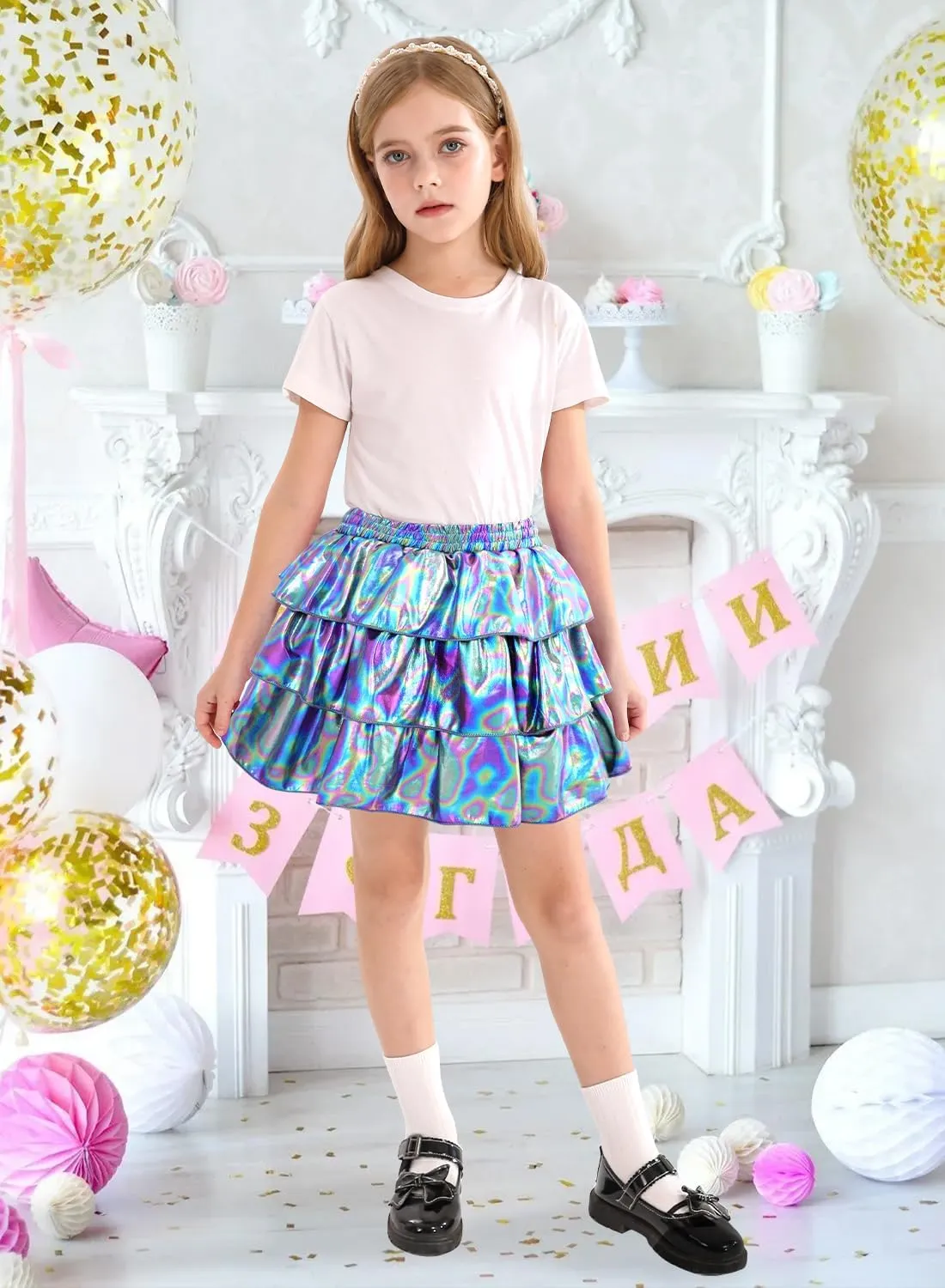 DAXIANG Girls Metallic Skirt with Shorts 3-Layer Pleated Ruffle Skirt for Girls Christmas Dance 4-13 Years