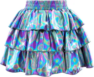 DAXIANG Girls Metallic Skirt with Shorts 3-Layer Pleated Ruffle Skirt for Girls Christmas Dance 4-13 Years