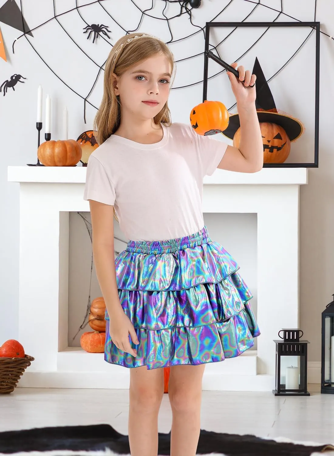 DAXIANG Girls Metallic Skirt with Shorts 3-Layer Pleated Ruffle Skirt for Girls Christmas Dance 4-13 Years