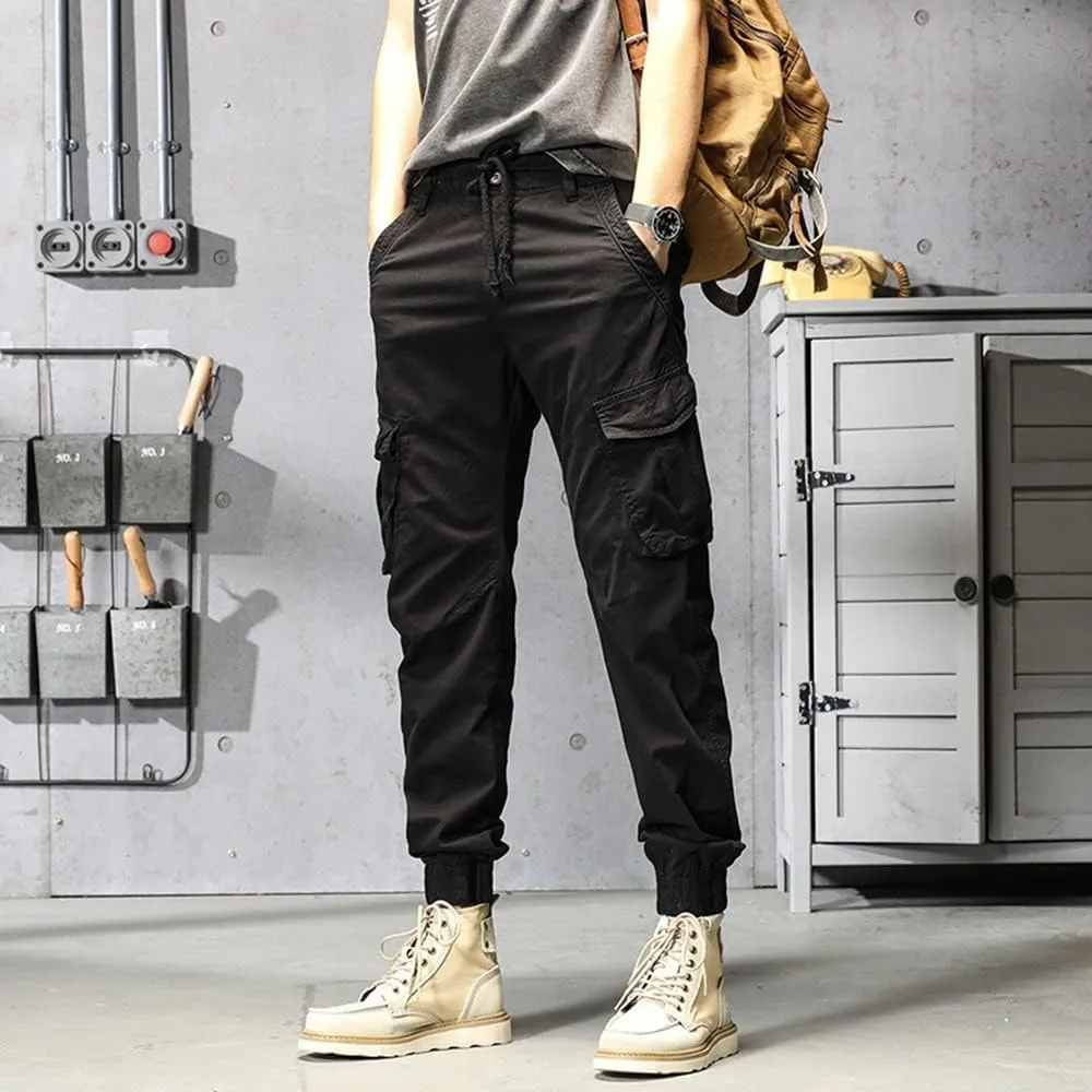 Depslee Men's Casual Cotton Relaxed Straight Cargo Pants,Multi-Pocket Light Outdoor Beam Foot Harem Pants with Drawstring
