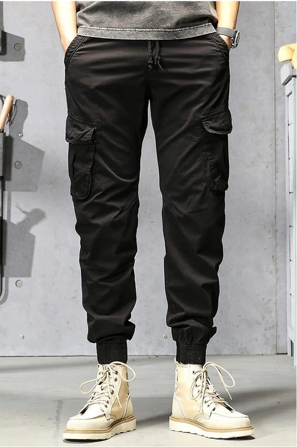 Depslee Men's Casual Cotton Relaxed Straight Cargo Pants,Multi-Pocket Light Outdoor Beam Foot Harem Pants with Drawstring