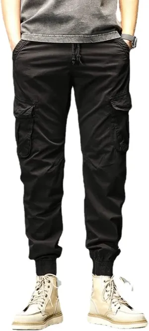 Depslee Men's Casual Cotton Relaxed Straight Cargo Pants,Multi-Pocket Light Outdoor Beam Foot Harem Pants with Drawstring