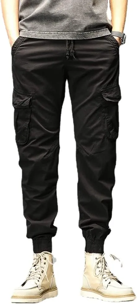 Depslee Men's Casual Cotton Relaxed Straight Cargo Pants,Multi-Pocket Light Outdoor Beam Foot Harem Pants with Drawstring