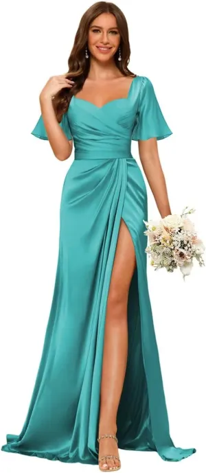 Dessiny Short Sleeves Satin Bridesmaid Dresses for Women with Slit V Neck Pleated Maxi Formal Dress DE232