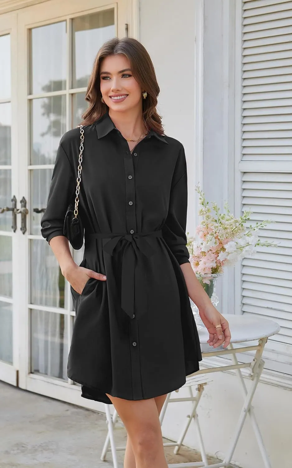 ECOWISH Womens Button Shirt Dress with Pockets Fall Spring Short Mini Dresses Long Sleeve 3/4 Sleeve Long Tunics Blouse Belt