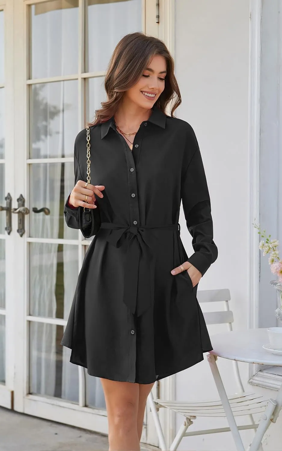 ECOWISH Womens Button Shirt Dress with Pockets Fall Spring Short Mini Dresses Long Sleeve 3/4 Sleeve Long Tunics Blouse Belt