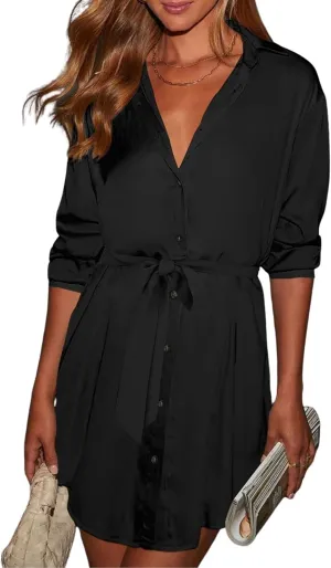 ECOWISH Womens Button Shirt Dress with Pockets Fall Spring Short Mini Dresses Long Sleeve 3/4 Sleeve Long Tunics Blouse Belt