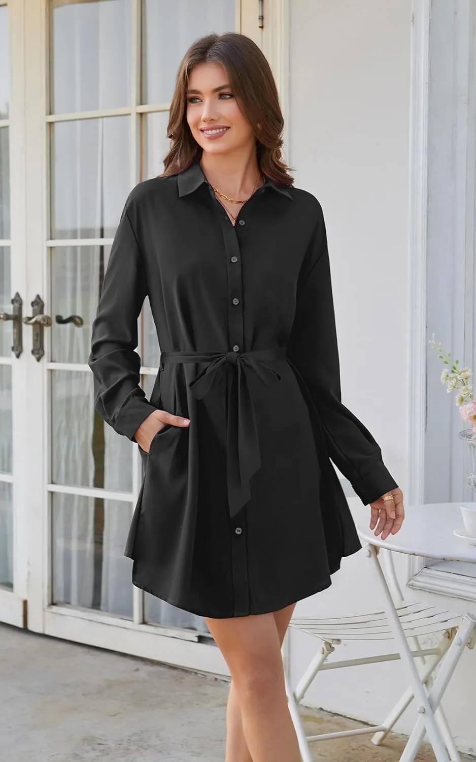ECOWISH Womens Button Shirt Dress with Pockets Fall Spring Short Mini Dresses Long Sleeve 3/4 Sleeve Long Tunics Blouse Belt
