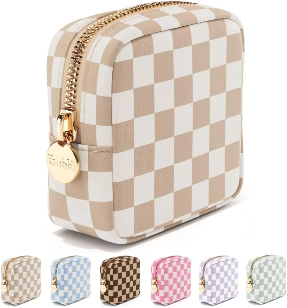 Embla Makeup Bag Travel Cosmetic Bag, Toiletry Bag, Cute Makeup Organizer, Nylon Zipper Pouch Purse Storage Bag Cosmetics Organizer, Womens Make Up Bag Mini Makeup Bags (Sand Checkered)