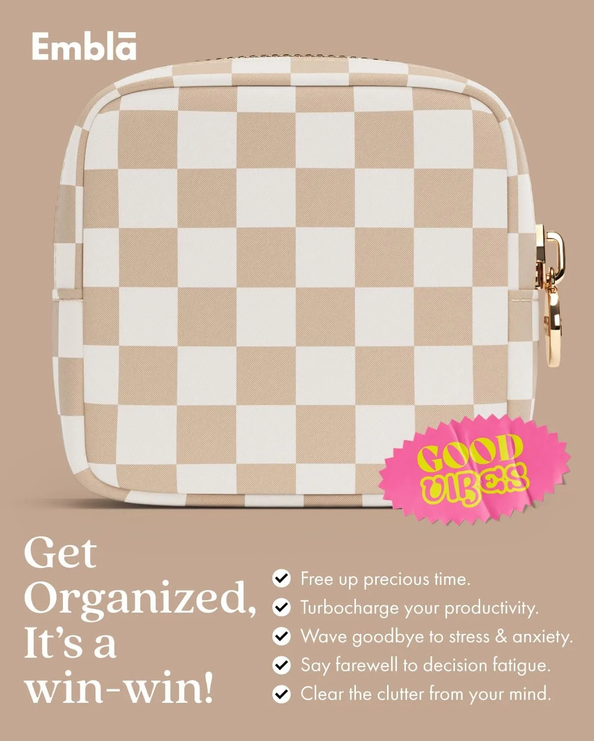 Embla Makeup Bag Travel Cosmetic Bag, Toiletry Bag, Cute Makeup Organizer, Nylon Zipper Pouch Purse Storage Bag Cosmetics Organizer, Womens Make Up Bag Mini Makeup Bags (Sand Checkered)