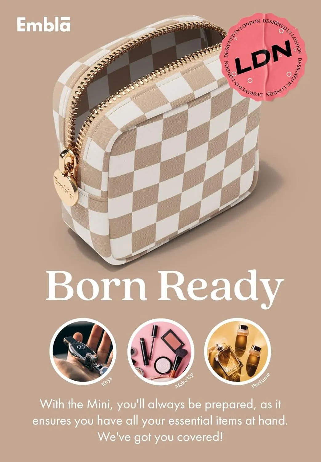 Embla Makeup Bag Travel Cosmetic Bag, Toiletry Bag, Cute Makeup Organizer, Nylon Zipper Pouch Purse Storage Bag Cosmetics Organizer, Womens Make Up Bag Mini Makeup Bags (Sand Checkered)