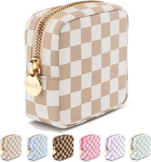 Embla Makeup Bag Travel Cosmetic Bag, Toiletry Bag, Cute Makeup Organizer, Nylon Zipper Pouch Purse Storage Bag Cosmetics Organizer, Womens Make Up Bag Mini Makeup Bags (Sand Checkered)
