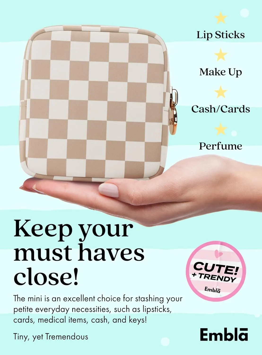 Embla Makeup Bag Travel Cosmetic Bag, Toiletry Bag, Cute Makeup Organizer, Nylon Zipper Pouch Purse Storage Bag Cosmetics Organizer, Womens Make Up Bag Mini Makeup Bags (Sand Checkered)