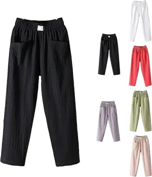 Endurancte Women's Loose Pants, Infinitne Fast Dry High Waist Cotton Trouser Cropped Solid Straight Wide Leg with Pockets