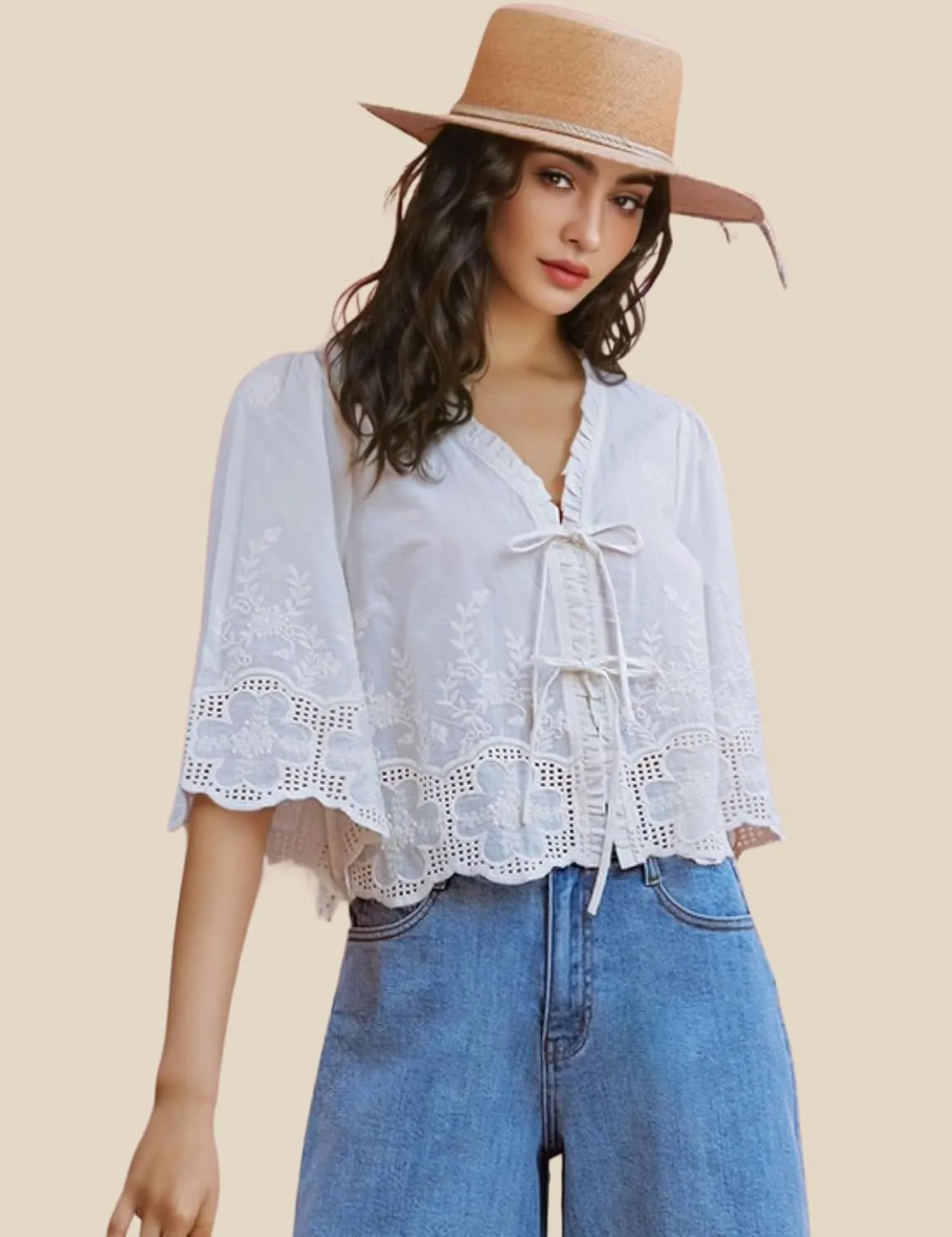 Esmeling Womens Floral Embroidery Short Sleeves Shirt V Neck Summer Scallop Edge Bow Tie Front Blouse