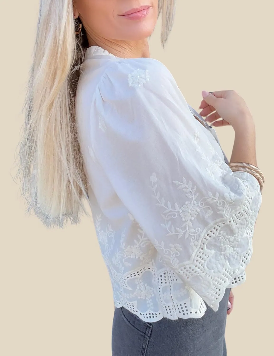 Esmeling Womens Floral Embroidery Short Sleeves Shirt V Neck Summer Scallop Edge Bow Tie Front Blouse