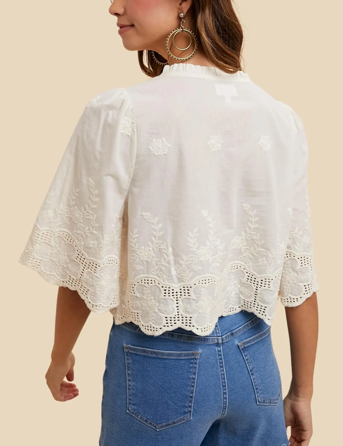 Esmeling Womens Floral Embroidery Short Sleeves Shirt V Neck Summer Scallop Edge Bow Tie Front Blouse