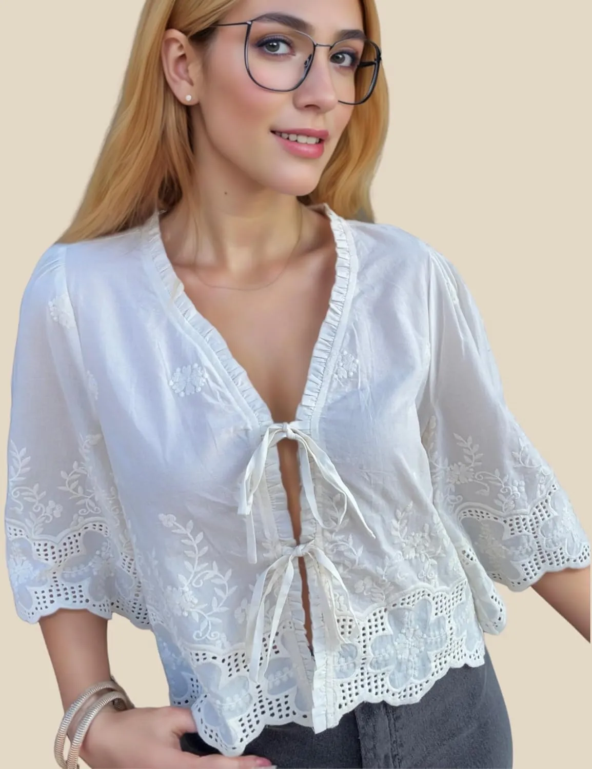 Esmeling Womens Floral Embroidery Short Sleeves Shirt V Neck Summer Scallop Edge Bow Tie Front Blouse
