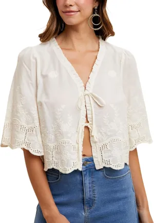 Esmeling Womens Floral Embroidery Short Sleeves Shirt V Neck Summer Scallop Edge Bow Tie Front Blouse