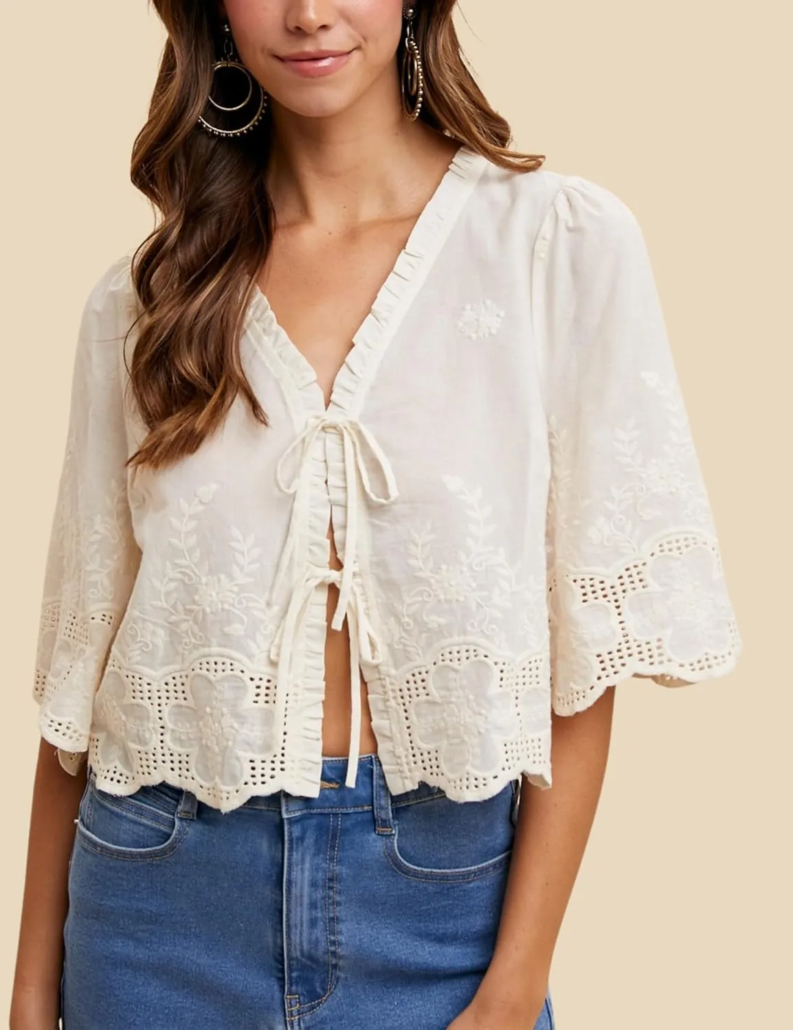 Esmeling Womens Floral Embroidery Short Sleeves Shirt V Neck Summer Scallop Edge Bow Tie Front Blouse