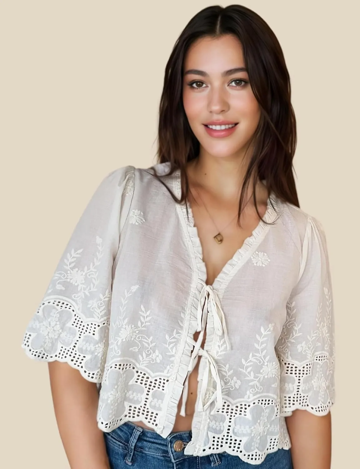 Esmeling Womens Floral Embroidery Short Sleeves Shirt V Neck Summer Scallop Edge Bow Tie Front Blouse