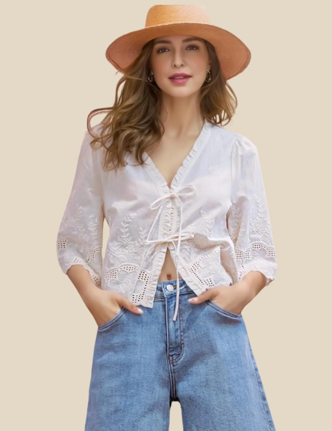 Esmeling Womens Floral Embroidery Short Sleeves Shirt V Neck Summer Scallop Edge Bow Tie Front Blouse
