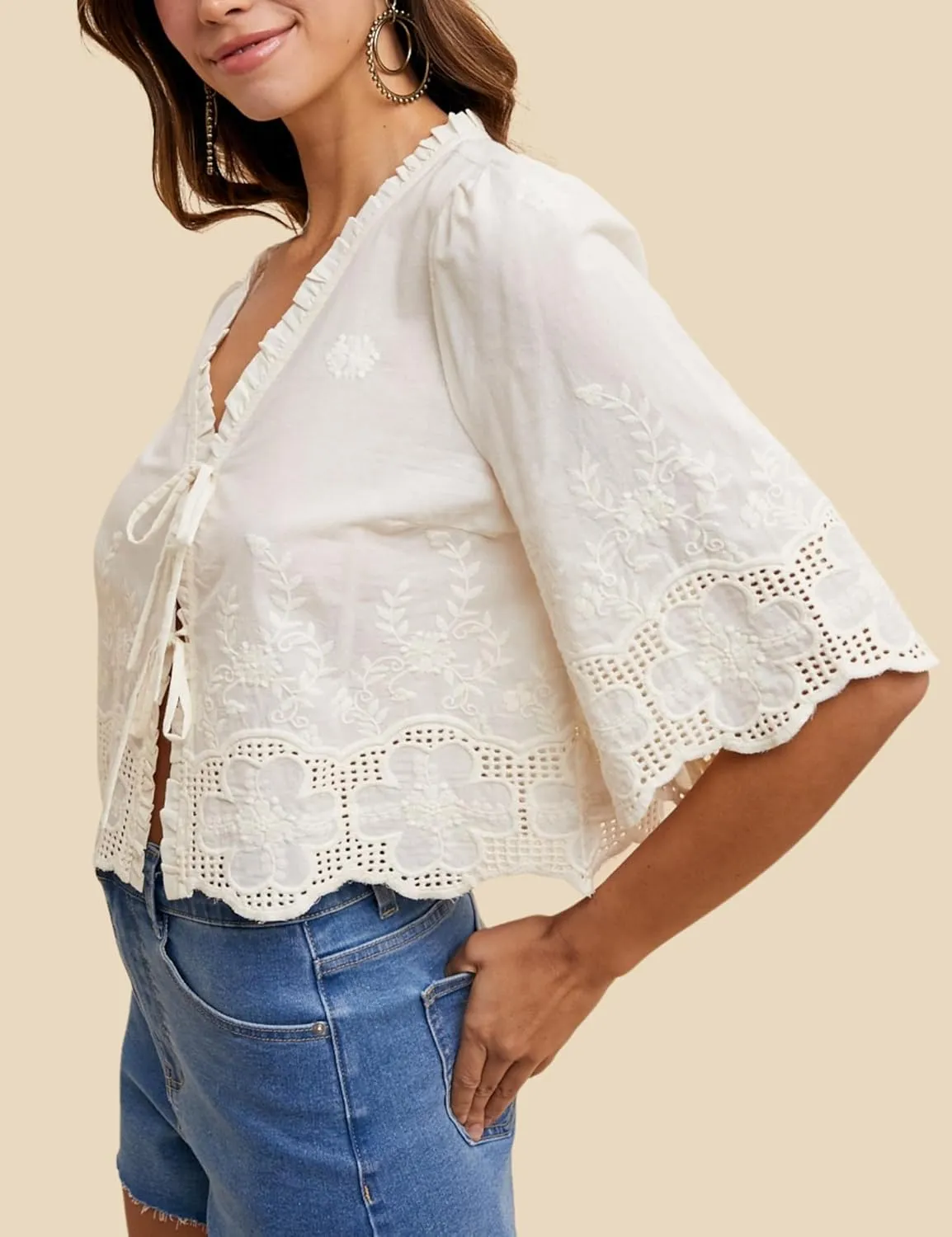 Esmeling Womens Floral Embroidery Short Sleeves Shirt V Neck Summer Scallop Edge Bow Tie Front Blouse
