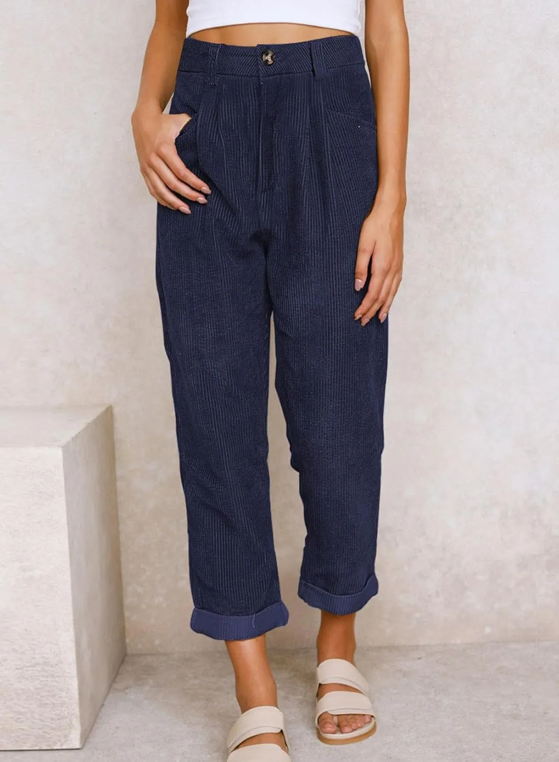 EVALESS Corduroy Pants for Women Casual High Waisted Straight Leg Pants Loose Comfy Trousers with Pockets