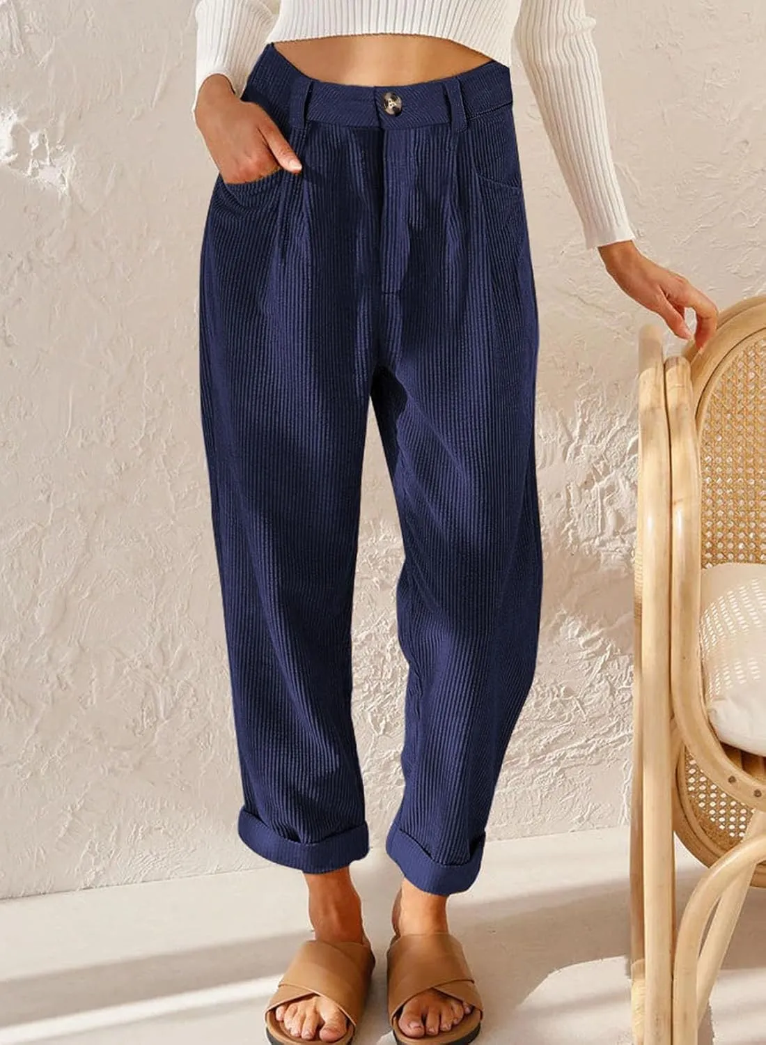 EVALESS Corduroy Pants for Women Casual High Waisted Straight Leg Pants Loose Comfy Trousers with Pockets
